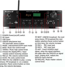 Sunbuck HiFi Versterker - SD/MP3/USB -  Hifi Bluetooth Eindversterker - 2x Mic - CD/DVD - AUX - Speaker output- Incl. Afstandsbediening - 25 x 25 x 7cm - Zwart — thumbnail 4
