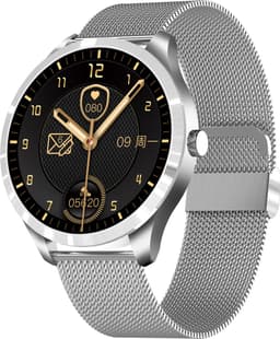 Belesy® BQSiZiPp Pro - Smartwatch Dames – Smartwatch Heren - Horloge - 1.28 inch - Kleurenscherm - Stappenteller - Bloeddruk - Hartslag - 75+ Wijzerplaten – Sporten – Zilver – Panterprint – extra polsband Milanees Zilver en Zwart - Kerstcadeau — thumbnail 3