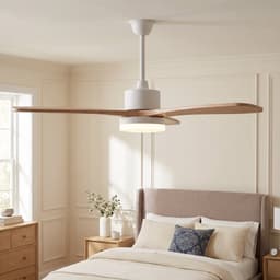 Plafondventilator met lamp - Diameter 106.6 cm - LED dimbaar & 6 snelheden - Massief houten bladen - Modern - Natuurlijk hout en Wit — thumbnail 1