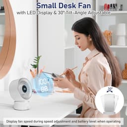 LISM-Stille bureauventilator: Oplaadbare bureauventilator, USB-voeding, draagbare bureauventilator, digitaal display, 30° verstelbare kantelhoek, 100 snelheden, geschikt als cadeau Geschikt voor dames of heren, wit. — thumbnail 2