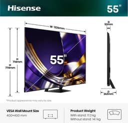 Hisense 55U7S PRO - Televisie - LED - Mini LED - Smart TV - 55 inch - Wifi - HDR-ondersteuning - 4K Ultra HD - Zwart — thumbnail 3