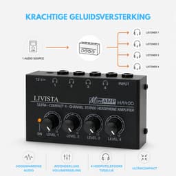 Livista Audio Versterker 4 Kanaals – Hoofdtelefoonversterker – Audio Splitter 4 Weg – 6,35 mm Jack – Microfoon & Instrument Versterker – Studio Audio Hub — thumbnail 3