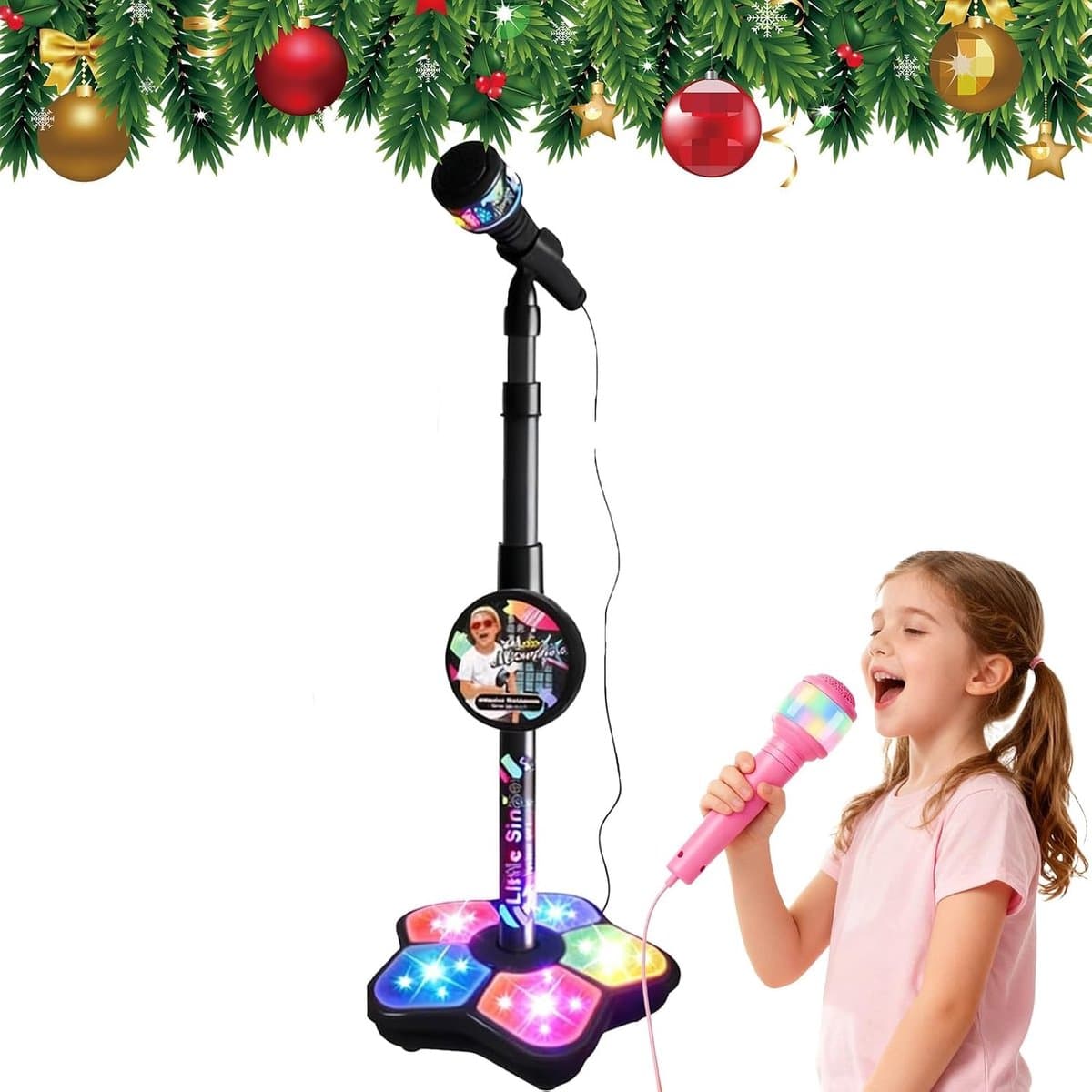 Zwart Karaokemicrofoon voor kinderen met verstelbare standaard – draagbare microfoon om mee te zingen, in hoogte verstelbaar, met knipperende lichtshow in de voet – voor jongens en meisjes van 3 tot 6 jaar — afbeelding 1