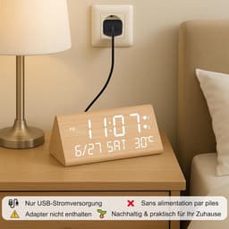 SnelShoppen - Digitale Houten Alarm Klok met 2 Alarmen, Datum, Weekdag, Temperatuur, Verstelbare Helderheid en Volume, USB Oplaadpoorten voor Thuis en — thumbnail 2