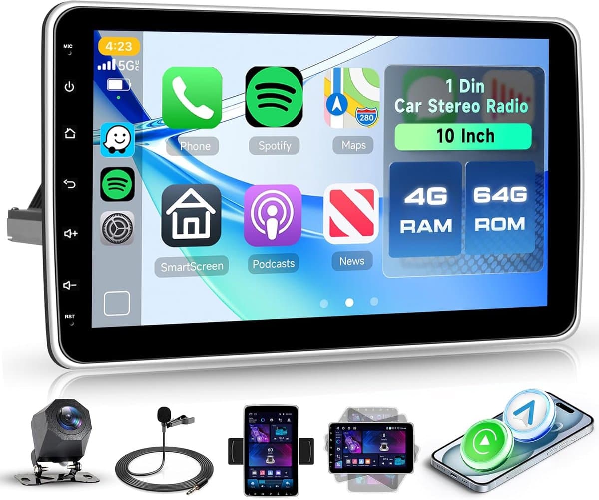 SnelShoppen - 10 Inch Rotating Android Car Radio 1 Din - 4GB + 64GB, GPS, Bluetooth, Wireless CarPlay/Android Auto, FM/RDS, WiFi, Mirror Link, Retro C — afbeelding 1