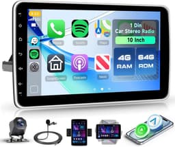 SnelShoppen - 10 Inch Rotating Android Car Radio 1 Din - 4GB + 64GB, GPS, Bluetooth, Wireless CarPlay/Android Auto, FM/RDS, WiFi, Mirror Link, Retro C — thumbnail 1
