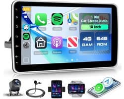 SnelShoppen - 10 Inch Rotating Android Car Radio 1 Din - 4GB + 64GB, GPS, Bluetooth, Wireless CarPlay/Android Auto, FM/RDS, WiFi, Mirror Link, Retro C