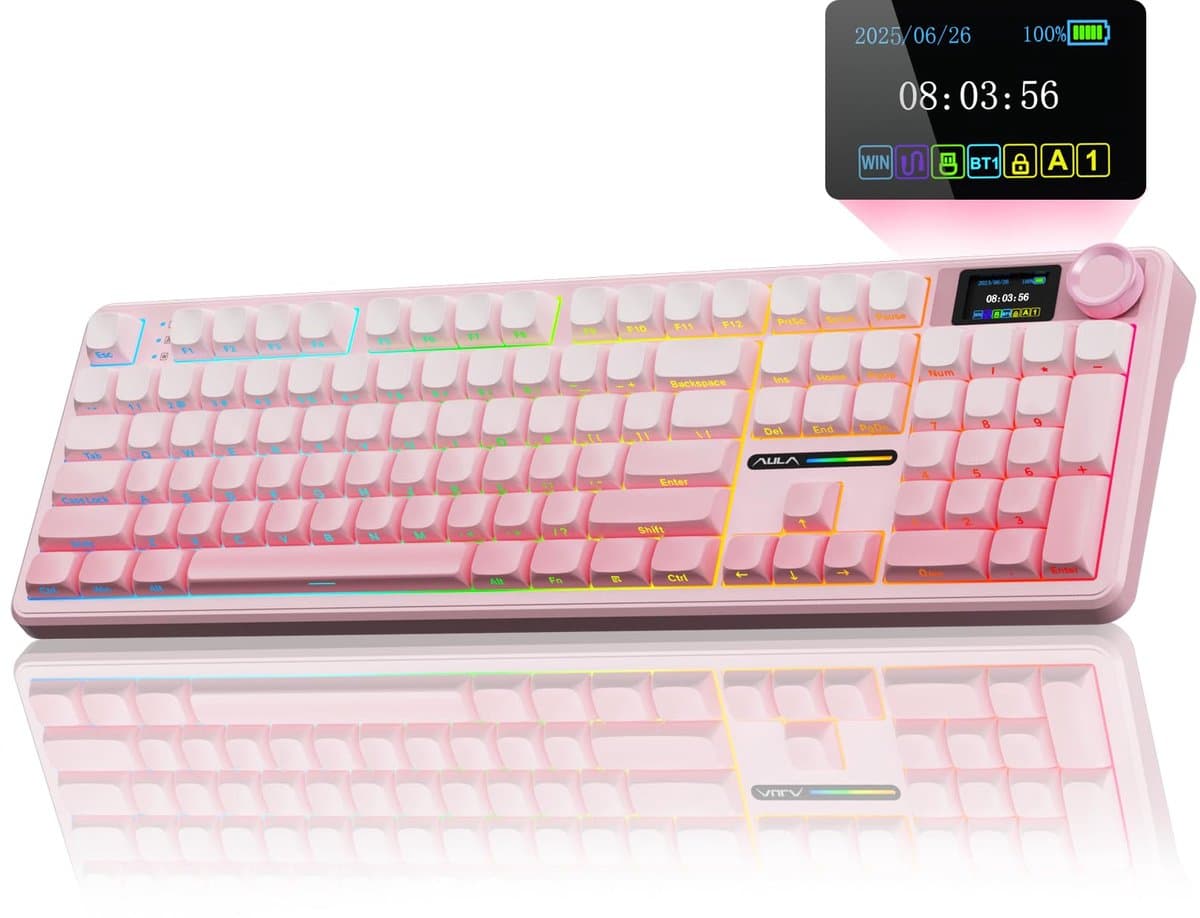 AULA F108 PRO Draadloos Mechanisch Toetsenbord - Met Scherm En Knop - Volledig Formaat Met 8000mAh Batterij - Vooraf Gesmeerde Schakelaars - Zijbedrukte PBT-Toetskappen - RGB-Achtergrondverlichting Hot-Swappable - Roze — afbeelding 1