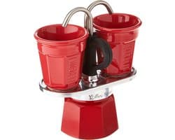 Mini Express Color, set espresso-apparaat 2 kopjes + 2 kopjes, aluminium, rood