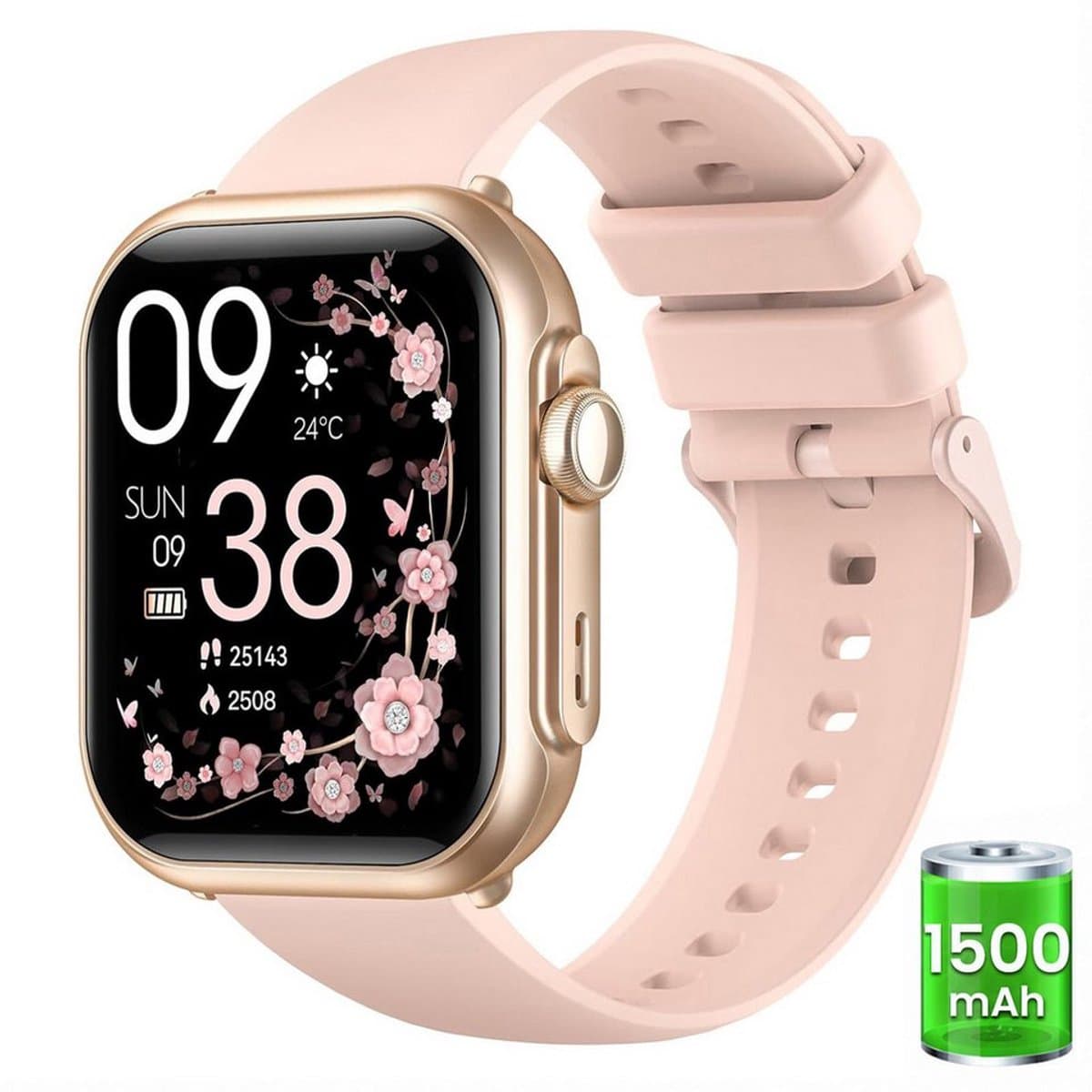 FOSMET Smartwatch - Smartwatches - 1,83inch - Dames en Heren - Stappenteller Horloge - Hartslagmeter - Bloeddrukmeter - Slaapmonitor - Saturatiemeter - Belfunctie - 100+Sportmodi - Temperatuurmeting,55 Dagen Batteri - Elke Smartphone - Roze — afbeelding 1