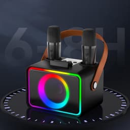 Zwarte Karaoke Set - Draagbare Bluetooth Karaoke Speaker - 2 Draadloze Microfoons - 10W 360° Stereogeluid - 5 Stemeffecten - Meerkleurige Verlichting - Voor Thuis, Feestjes, BBQ en Kamperen — thumbnail 5
