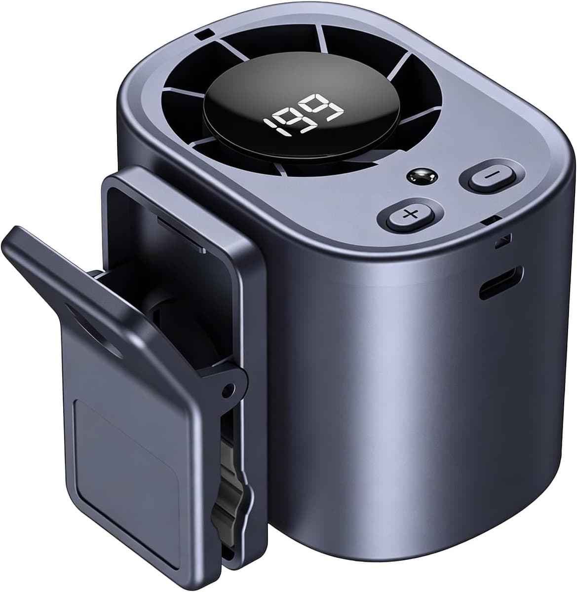 LISM - Autoventilator met clip, LED-display en nachtlampje, 360° draaibare hogesnelheidsventilator, USB-oplaadbare persoonlijke ventilator, handsfree clipventilator, Geschikt voor auto, kantoor, camping en buitengebruik in de zomer (grijs). — afbeelding 1