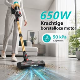 Rosnek Draadloze Stofzuiger 650W – Steelstofzuiger met 50KPa Zuigkracht - 60 Min Accuduur, 20000mAh Uitneembare Accu - LED Touchscreen - V-vormige Anti-Klit Borstel - Groene LED Verlichting - Voor Harde Vloeren, Tapijt, Tegels & Dierenharen — thumbnail 2