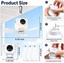 kampeer ventilator - fan - plafondventilator - ventilator - plafondventilator met verlichting - plafondventilator lamp - plafonventilator afstandsbediening- kampeerventilator accu - draagbare plafond ventilator - geel - 7200mAh — thumbnail 4