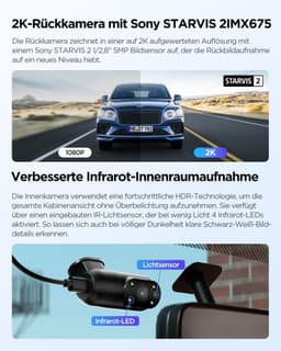 Dashcam voor auto - Zwart - 3-kanaals 2K + 2K + 1080p - Dual STARVIS 2 Sensoren met HDR en GPS - Met Spraakbesturing en Nachtzicht — thumbnail 4