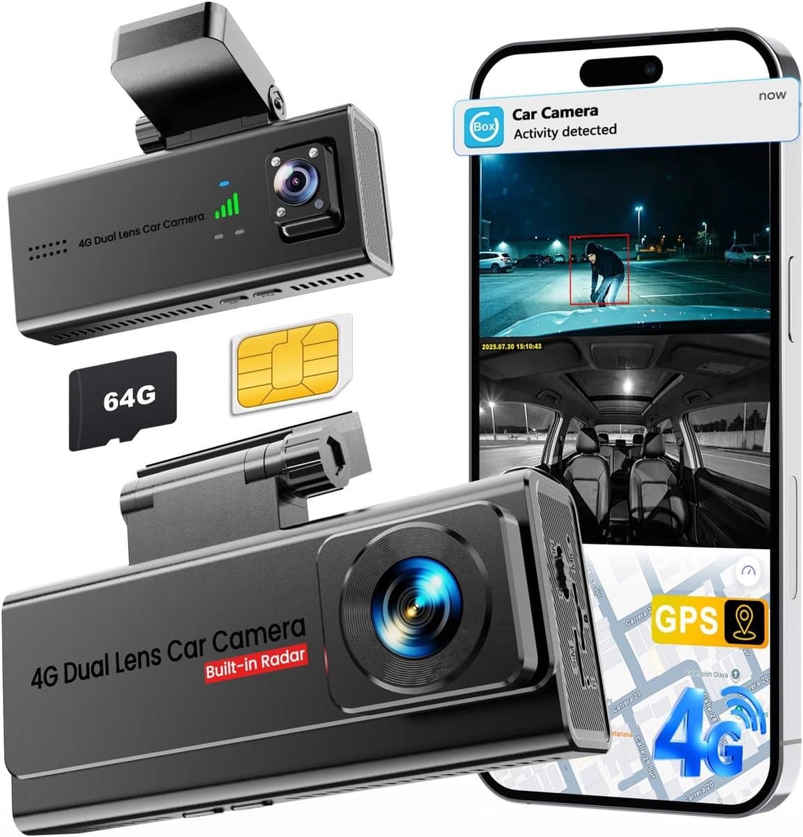 Dashcam voor auto - Zwart - 2K + 1080p dual camera - 4G LTE met GPS en app-bediening - Voor gezinnen en rijdiensten — afbeelding 1