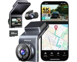 Botslab Dashcam - 4K resolutie + FullHD achtercamera - Night vision met Sony Starvis 2 sensor - App bediening met Wifi - GPS ingebouwd - 2,0 inch LCD - Dubbele dashcam met -Spraakbediening-24/7 parkeerbewaking- inclusief 64gb Micro SD kaart