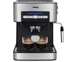 Espressomachine 20 Bar – 850W – 1,6L Watertank – Melkopschuimer met Stoompijp – 1 of 2 Kopjes – Kopjeswarmer – RVS/Zilver
