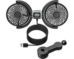 KZQ Verstelbare Dubbele USB Autoventilator voor Achterbank - 3 Snelheden, 360 Graden Draaibaar - Geschikt voor Auto, Vrachtwagen en Camper