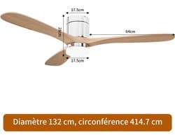 Plafondventilator, 2-in-1 Plafondventilator met LED-Verlichting, Afstandsbediening, Stille Werking, 6 Snelheden, 3 Bladen, Geschikt voor Warme Zomers, Helpt de Hitte te Verlichten (52 inch)