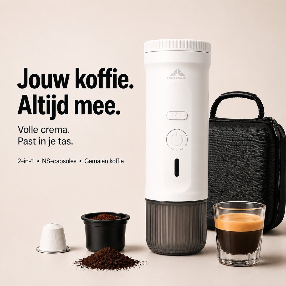 Torngat NomadBrew Go Draagbare Koffiemachine – Zelfverwarmende Espressomachine 20 Bar – Koffiezetapparaat voor Onderweg, Auto, Camping & Camper – NS-Capsules/Gemalen Koffie – 7500mAh – Warme Koffie Zonder Waterkoker – Wit – Reis Koffieapparaat — afbeelding 1