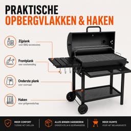 Houtskool BBQ - Smoker Barbecue XL - BBQ met Wielen - 70x37cm Grilloppervlak - Zijpanelen - Zwart - Inclusief Crème Brûlée Brander en Gasaansteker als Cadeau — thumbnail 2
