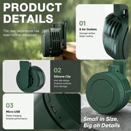Mini Ventilator - Clip-On Ventilator - Handventilator - 3 Snelheidsinstellingen - Nekventilator - Oplaadbaar via USB - Portable Clip Fan - Stille Ventilator - Tafelventilator Waaier Handwaaier - Ideaal voor op reis, kamperen of reizen - Groen — thumbnail 2