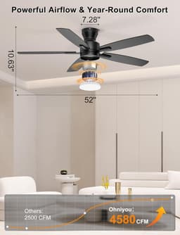 Plafondventilator met verlichting - 132 cm - laag profiel - afstandsbediening/app - dimbaar licht - stille plafondventilator - inbouwmontage - modern - voor slaapkamer - woonkamer, zwart — thumbnail 2