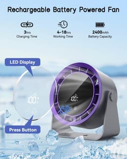 Bureauventilator, stille bureauventilator, mini USB-ventilator, 3600mAh oplaadbare batterij, 360° draaibaar, LED-display, geschikt voor slaapkamers, kantoren, camping, thuis, enz. - Zwart — thumbnail 3