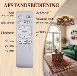 Plafondventilator met Verlichting en Afstandsbediening - Vintage Industriële Plafondlamp - Stille DC Motor - E27 Fitting - Bruin Metaal — thumbnail 4