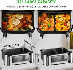 Airfryer Dubbel 12 Liter XXL – Dual Zone – Smart Finish – Match Cook – 8 Automatische Programma's – Met Kijkvenster – Zwart — thumbnail 5