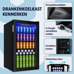 Rolu Mini Koelkast – Blikjes Koeler – 90 Liter – 126 Blikjes - Luchtgekoeld 0 °C Tot 16 °C – Glazen Deur – LED Verlichting — thumbnail 3