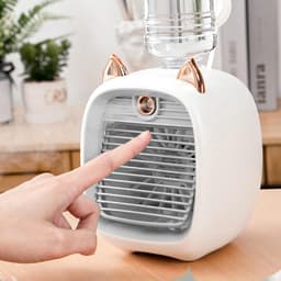 USB - in - Luchtbevochtiger en LED Lamp - 3 - 1 Mini Bureauventilator - Luchtkoeler met Verneveling en Nachtlampje - oplaadbare Tafelventilator met 3 Snelheden - Grijs — thumbnail 4