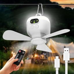 Draagbare plafondventilator voor op de camping - Kampeerfan - Met verlichting en afstandsbediening - USB - 3 windsnelheden - Plafondventilator met verlichting - Geschikt voor buitenactiviteiten, kamperen, kantoor en andere gelegenheden - Wit — thumbnail 1