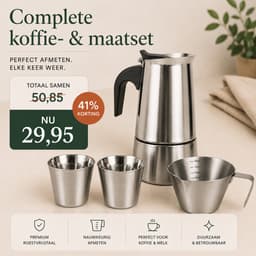 My Green Deal RVS Percolator Set 600 ml – Inductie – 2 Espressokopjes 80 ml – Espresso Schenkkan 100 ml – 4-delige Koffieset — thumbnail 5