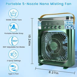 Draagbare airconditioner met ventilator, mini-verdampingskoeler met 5 sproeimondstukken, 3 windsnelheden, 3 timers, 7 kleuren LED-verlichting, 600 ml persoonlijke airconditioner/ventilator voor slaapkamer, kantoor en camping (groen) — thumbnail 2