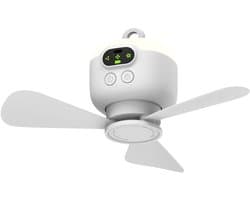 Draagbare campingventilator, 27 cm (10,6 inch) tentplafondventilator, oplaadbare 8000mAh accu met verlichting en haak, timerfunctie en automatische uitschakeling, afneembare ventilatorbladen, geschikt voor tentluifel, camper, veranda.