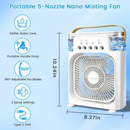 Draagbare airconditioner met ventilator, mini-verdampingskoeler met 5 sproeimondstukken, 3 windsnelheden, 3 timers, 7 kleuren LED-verlichting, 600 ml persoonlijke airconditioner/ventilator voor slaapkamer, kantoor en camping (wit) — thumbnail 2