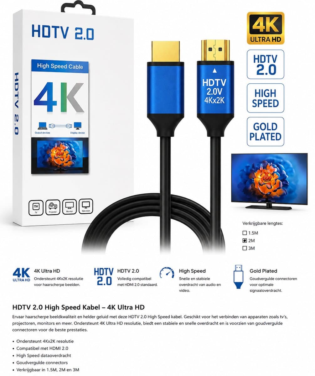 HDMI 2.0 Kabel 5 Meter – 4K Ultra HD – High Speed – Geschikt voor TV, Monitor, Beamer en Gameconsole — afbeelding 1