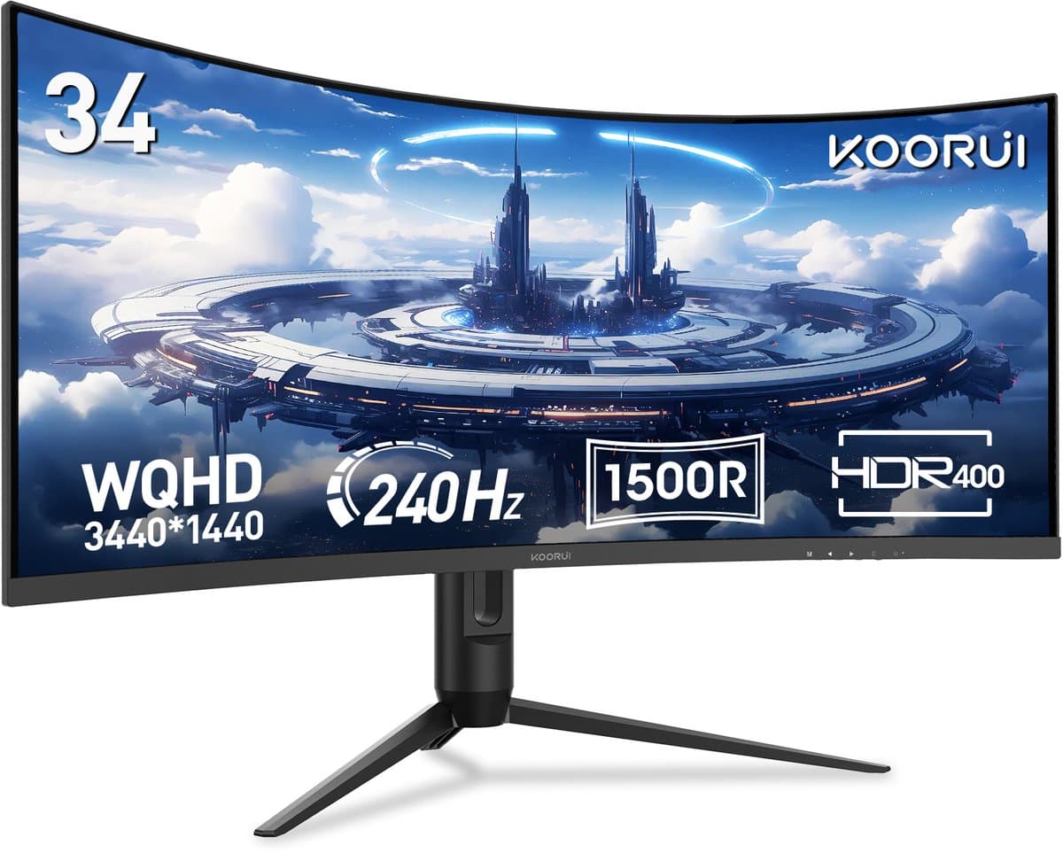 KOORUI G3441XC 34" Gebogen Gaming Monitor – WQHD 3440×1440 – 240Hz – VA – 1500R – HDR400 – 1ms MPRT – 4000:1 Contrast – HDMI 2.1 & DP 1.4 - Zwart — afbeelding 1