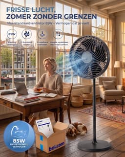 Krachtige Statiefventilator – 85W – 5 Kunststof Bladen – 3 Snelheden – In Hoogte Verstelbaar – Zwart — thumbnail 2