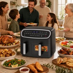 Airfryer 10L met dubbele mand 6L + 4L, 2800W, 12 kookprogramma’s, LED-touchscreen, kijkvenster en microstoomfunctie, 50–200°C, olievrije XXL heteluchtfriteuse voor grote gezinnen, zwart — thumbnail 5