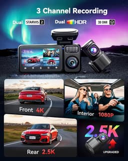 SnelShoppen - 4K 3 Channel Dash Cam met STARVIS 2, 128GB Geheugenkaart, Full Night Color, Touch Screen, GPS, 5GHz WiFi, Voice Control, HDR en Parkeerm — thumbnail 5