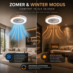 Slimme Plafondventilator - Wit + Hout - Ø 52 cm - Stille Motor - Handige App - Dimfunctie - Plafond Ventilator met Verlichting - Plafondlamp met Ventilator — thumbnail 4