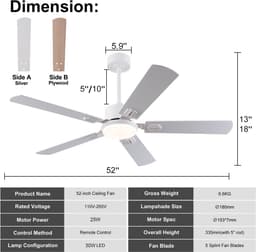 Plafondventilator 52 inch met Licht en Afstandsbediening - Dimbare LED-verlichting - 6 snelheden met omkeerbare motor - Geschikt voor slaapkamer - Vlak modern design - 5 bladen met tweekleurige afwerking (wit & natuurhout) — thumbnail 3