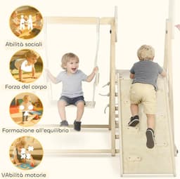 5-in-1 Montessori Indoor Houten Klimdriehoek met Glijbaan, Schommel, Klimnet en -bord, Basketbalring, Opvouwbaar Speelplaats voor Kinderen van 3-6 Jaar, Natuur — thumbnail 2