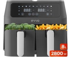 SnelShoppen - Luchtfriteuse zonder olie 8L, 2800W, dubbele mand, anti-aanbak, dual-cyclone, 10 programma's, bakken, ontdooien, tot 200°C, zwart, ideaa