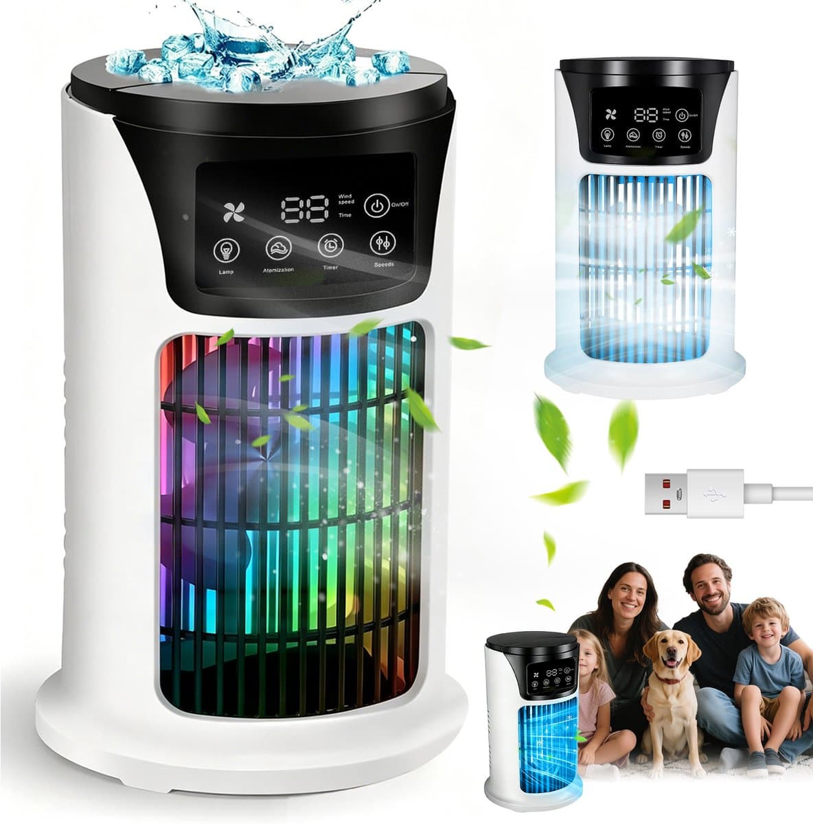 Torenventilator - Watergekoeld Ventilator - Mobiele Aircooler - Persoonlijke Koeler - Luchtbevochtiger - Waternevel - 300ml - 6 Standen & 6 Kleuren & Timer - Tower Fan - Voor Thuis Kantoor en Reizen — afbeelding 1