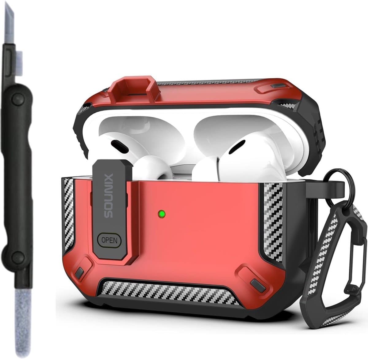 Sounix Hoesje geschikt voor Airpods Pro 1 / 2 - Met schoonmaak borstel - Airpods Pro Hoesje - Armor Case met Lock - Rood — afbeelding 1