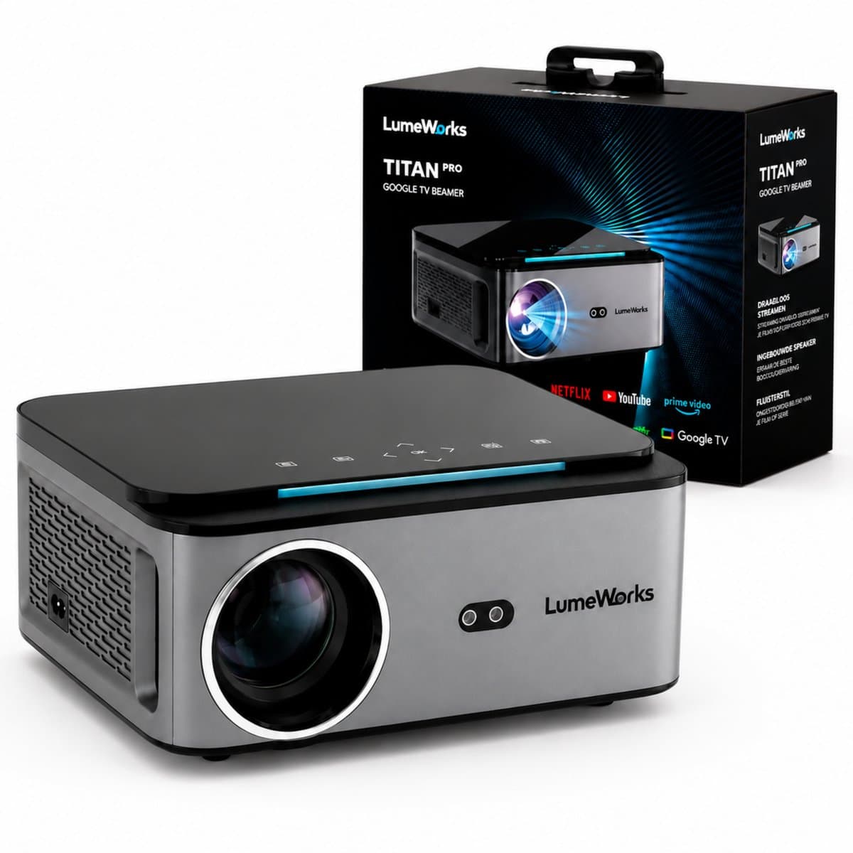 LumeWorks Titan Full HD Beamer - Google TV - Projector - 900 ANSI Lumen - Beeld tot 250 inch - 4K Support - Streamen vanaf Telefoon met Wifi — afbeelding 1